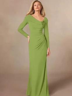 Party Dress For Mother Of The Bride V-Neck Long Sleeves Mermaid Pleated Floor-Length Wedding Guest Dresses