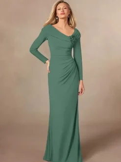 Party Dress For Mother Of The Bride V-Neck Long Sleeves Mermaid Pleated Floor-Length Wedding Guest Dresses