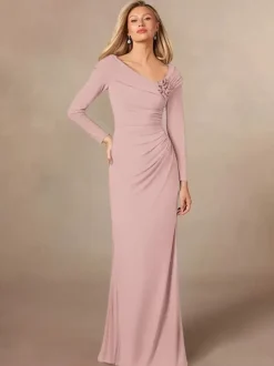 Party Dress For Mother Of The Bride V-Neck Long Sleeves Mermaid Pleated Floor-Length Wedding Guest Dresses