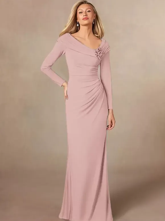 Party Dress For Mother Of The Bride V-Neck Long Sleeves Mermaid Pleated Floor-Length Wedding Guest Dresses