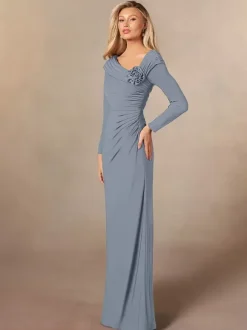 Party Dress For Mother Of The Bride V-Neck Long Sleeves Mermaid Pleated Floor-Length Wedding Guest Dresses