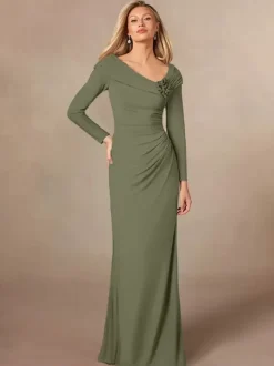 Party Dress For Mother Of The Bride V-Neck Long Sleeves Mermaid Pleated Floor-Length Wedding Guest Dresses