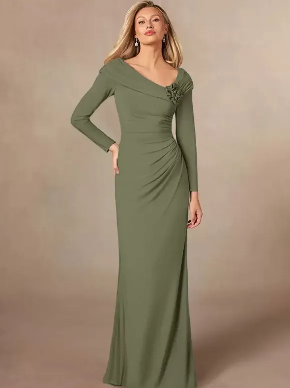 Party Dress For Mother Of The Bride V-Neck Long Sleeves Mermaid Pleated Floor-Length Wedding Guest Dresses