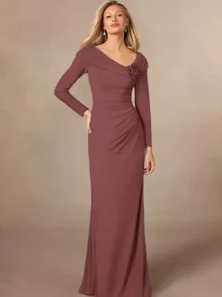 Party Dress For Mother Of The Bride V-Neck Long Sleeves Mermaid Pleated Floor-Length Wedding Guest Dresses