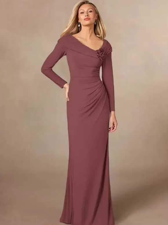 Party Dress For Mother Of The Bride V-Neck Long Sleeves Mermaid Pleated Floor-Length Wedding Guest Dresses