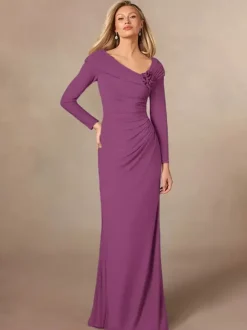 Party Dress For Mother Of The Bride V-Neck Long Sleeves Mermaid Pleated Floor-Length Wedding Guest Dresses