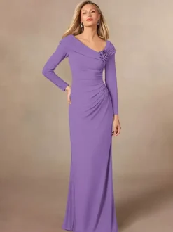 Party Dress For Mother Of The Bride V-Neck Long Sleeves Mermaid Pleated Floor-Length Wedding Guest Dresses