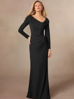Party Dress For Mother Of The Bride V-Neck Long Sleeves Mermaid Pleated Floor-Length Wedding Guest Dresses