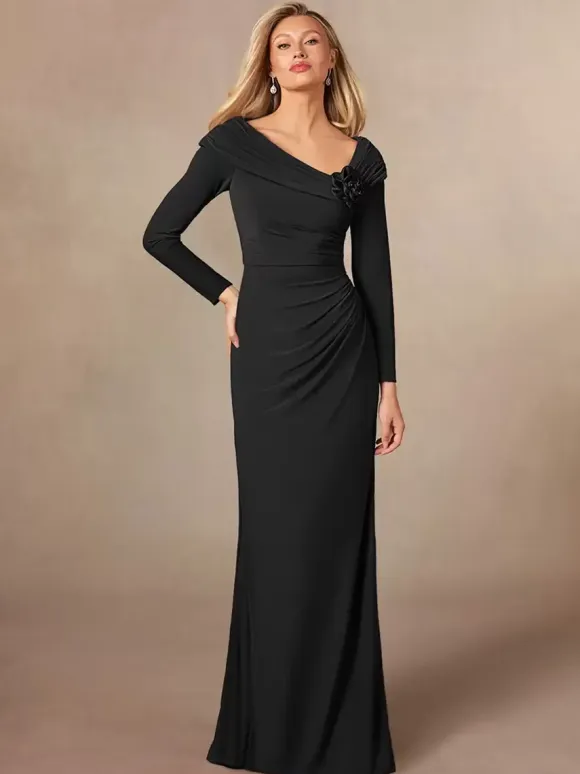 Party Dress For Mother Of The Bride V-Neck Long Sleeves Mermaid Pleated Floor-Length Wedding Guest Dresses