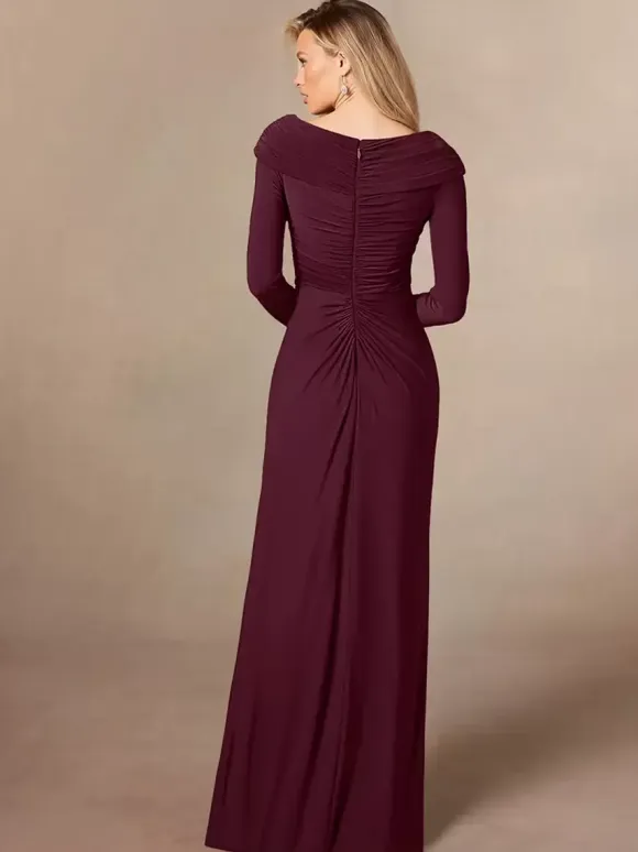 Party Dress For Mother Of The Bride V-Neck Long Sleeves Mermaid Pleated Floor-Length Wedding Guest Dresses
