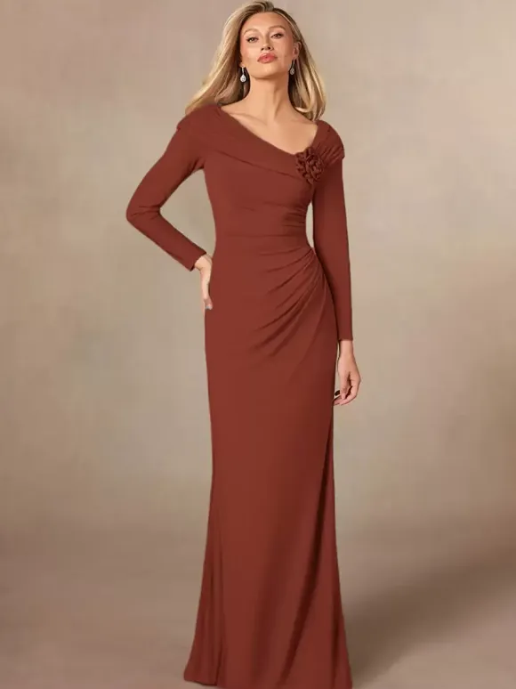Party Dress For Mother Of The Bride V-Neck Long Sleeves Mermaid Pleated Floor-Length Wedding Guest Dresses