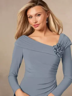 Party Dress For Mother Of The Bride V-Neck Long Sleeves Mermaid Pleated Floor-Length Wedding Guest Dresses