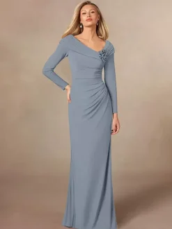 Party Dress For Mother Of The Bride V-Neck Long Sleeves Mermaid Pleated Floor-Length Wedding Guest Dresses