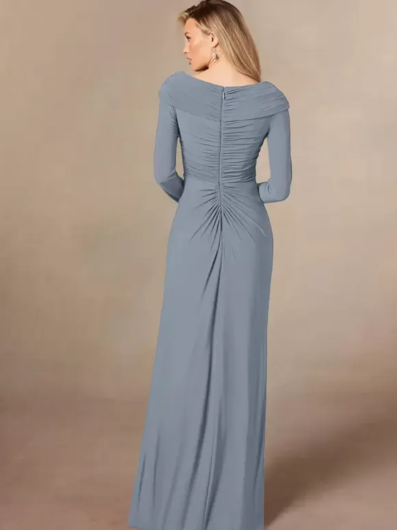 Party Dress For Mother Of The Bride V-Neck Long Sleeves Mermaid Pleated Floor-Length Wedding Guest Dresses