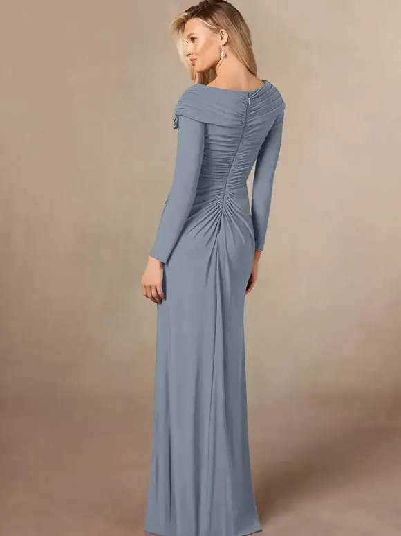 Party Dress For Mother Of The Bride V-Neck Long Sleeves Mermaid Pleated Floor-Length Wedding Guest Dresses