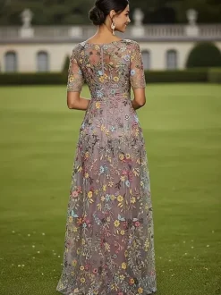 Party Dress For Mother Of The Bride Jewel Neck Short Sleeves A-Line Lace Guest Dresses For Wedding