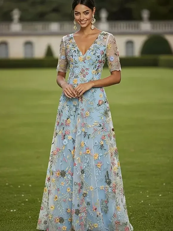 Party Dress For Mother Of The Bride Jewel Neck Short Sleeves A-Line Lace Guest Dresses For Wedding