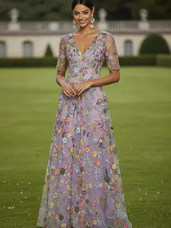 Party Dress For Mother Of The Bride Jewel Neck Short Sleeves A-Line Lace Guest Dresses For Wedding