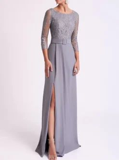 Party Dress For Mother Of The Bride Jewel Neck 3/4 Length Sleeves Mermaid Sash Guest Dresses For Wedding