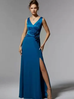 Party Dress For Mother Of The Bride V-Neck Sleeveless Mermaid Flowers With Train Guest Dresses For Wedding