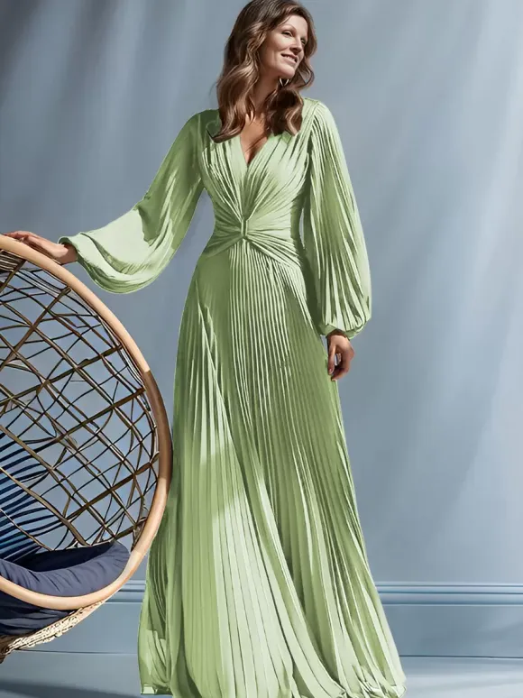 Party Dress For Mother Of The Bride V-Neck Long Sleeves A-Line Pleated Floor-Length Guest Dresses For Wedding