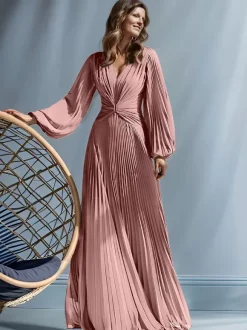 Party Dress For Mother Of The Bride V-Neck Long Sleeves A-Line Pleated Floor-Length Guest Dresses For Wedding