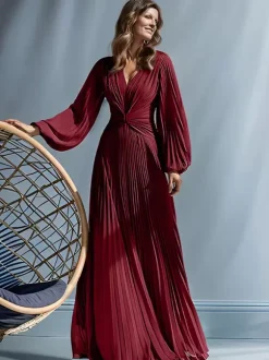 Party Dress For Mother Of The Bride V-Neck Long Sleeves A-Line Pleated Floor-Length Guest Dresses For Wedding