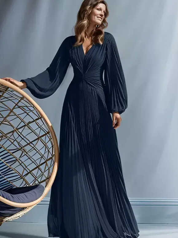 Party Dress For Mother Of The Bride V-Neck Long Sleeves A-Line Pleated Floor-Length Guest Dresses For Wedding