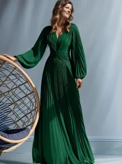 Party Dress For Mother Of The Bride V-Neck Long Sleeves A-Line Pleated Floor-Length Guest Dresses For Wedding