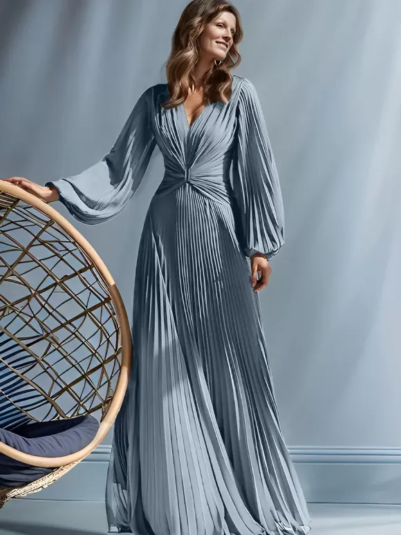 Party Dress For Mother Of The Bride V-Neck Long Sleeves A-Line Pleated Floor-Length Guest Dresses For Wedding