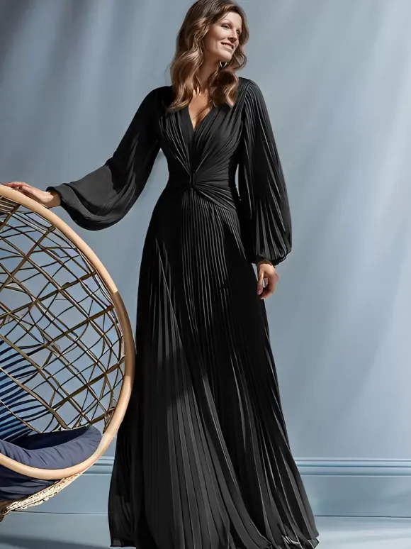 Party Dress For Mother Of The Bride V-Neck Long Sleeves A-Line Pleated Floor-Length Guest Dresses For Wedding