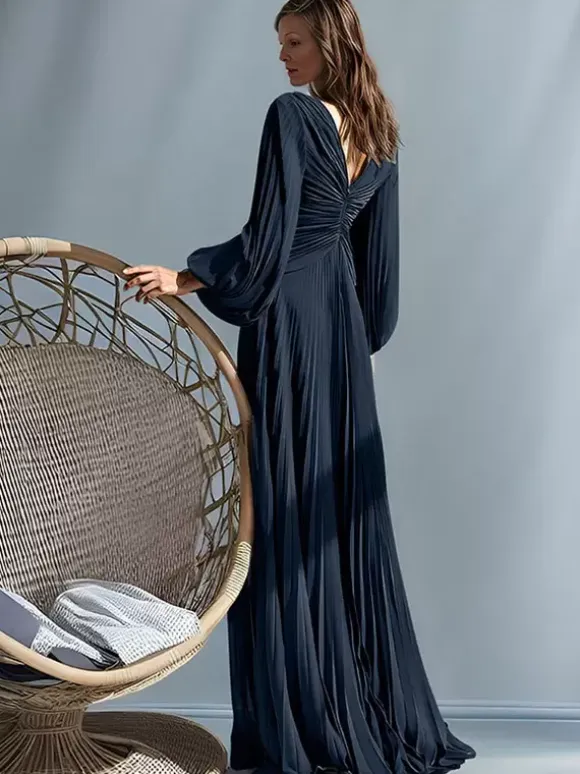 Party Dress For Mother Of The Bride V-Neck Long Sleeves A-Line Pleated Floor-Length Guest Dresses For Wedding