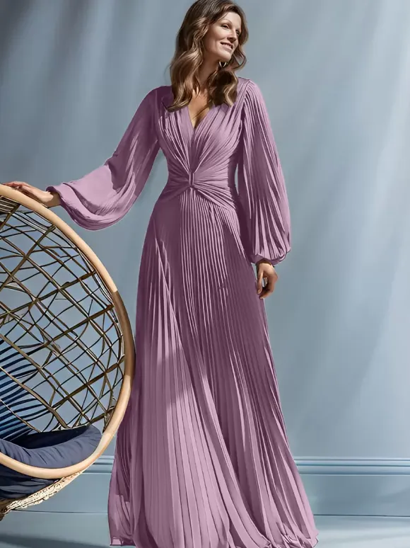 Party Dress For Mother Of The Bride V-Neck Long Sleeves A-Line Pleated Floor-Length Guest Dresses For Wedding