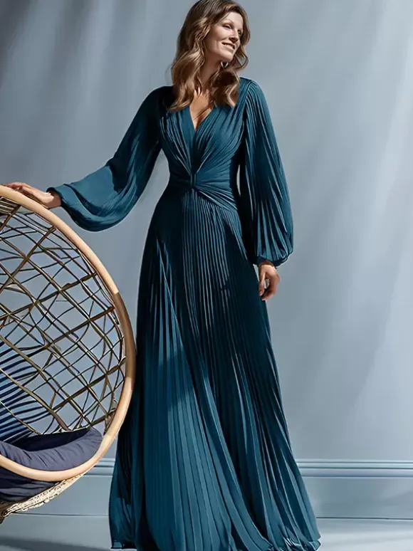 Party Dress For Mother Of The Bride V-Neck Long Sleeves A-Line Pleated Floor-Length Guest Dresses For Wedding