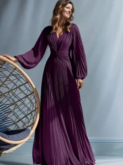 Party Dress For Mother Of The Bride V-Neck Long Sleeves A-Line Pleated Floor-Length Guest Dresses For Wedding