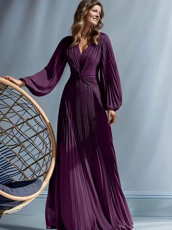 Party Dress For Mother Of The Bride V-Neck Long Sleeves A-Line Pleated Floor-Length Guest Dresses For Wedding