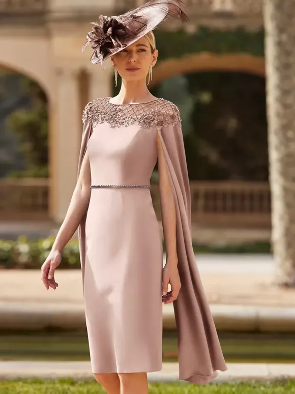 Party Dress For Mother Of The Bride Jewel Neck Long Sleeves Sheath Flowers Guest Dresses For Wedding