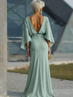 Party Dress For Mother Of The Bride Jewel Neck 3/4 Length Sleeves Ball Gown Pleated With Train Guest Dresses For Wedding