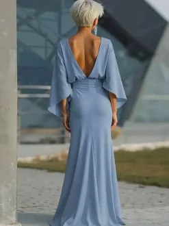 Party Dress For Mother Of The Bride Jewel Neck 3/4 Length Sleeves Ball Gown Pleated With Train Guest Dresses For Wedding