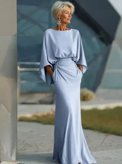 Party Dress For Mother Of The Bride Jewel Neck 3/4 Length Sleeves Ball Gown Pleated With Train Guest Dresses For Wedding