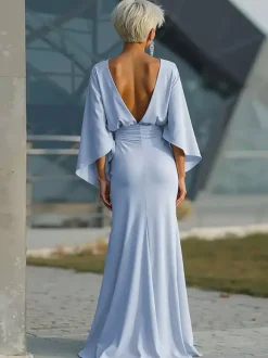 Party Dress For Mother Of The Bride Jewel Neck 3/4 Length Sleeves Ball Gown Pleated With Train Guest Dresses For Wedding