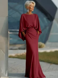 Party Dress For Mother Of The Bride Jewel Neck 3/4 Length Sleeves Ball Gown Pleated With Train Guest Dresses For Wedding