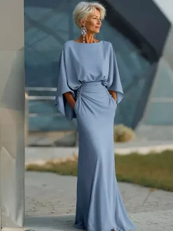 Party Dress For Mother Of The Bride Jewel Neck 3/4 Length Sleeves Ball Gown Pleated With Train Guest Dresses For Wedding