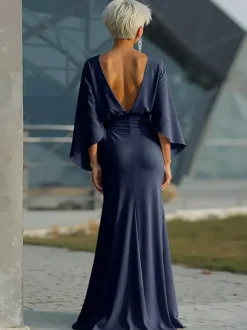 Party Dress For Mother Of The Bride Jewel Neck 3/4 Length Sleeves Ball Gown Pleated With Train Guest Dresses For Wedding