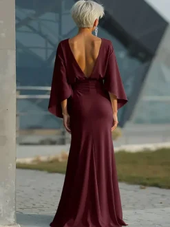 Party Dress For Mother Of The Bride Jewel Neck 3/4 Length Sleeves Ball Gown Pleated With Train Guest Dresses For Wedding