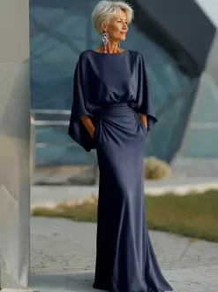 Party Dress For Mother Of The Bride Jewel Neck 3/4 Length Sleeves Ball Gown Pleated With Train Guest Dresses For Wedding