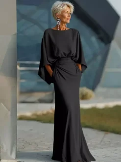 Party Dress For Mother Of The Bride Jewel Neck 3/4 Length Sleeves Ball Gown Pleated With Train Guest Dresses For Wedding