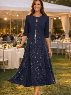 Party Dress For Mother Of The Bride V-Neck 3/4 Length Sleeves Short Lace Tea-Length Wedding Guest Dresses