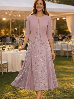 Party Dress For Mother Of The Bride V-Neck 3/4 Length Sleeves Short Lace Tea-Length Wedding Guest Dresses