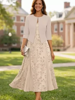 Party Dress For Mother Of The Bride V-Neck 3/4 Length Sleeves Short Lace Tea-Length Wedding Guest Dresses